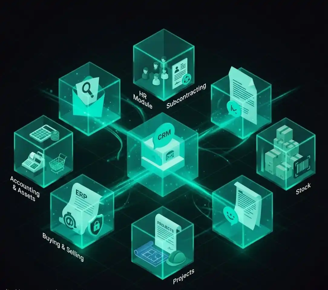 A 3D digital visualization of cloud-based-erp modules in glowing green cubes, representing integrated HRM, Finance, and Stock management systems.