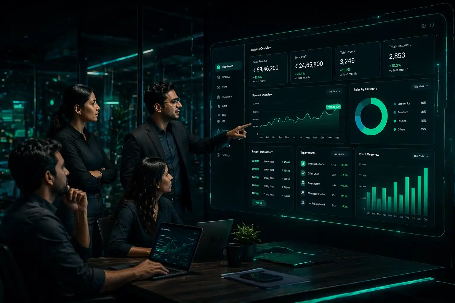 ERP dashboard with business analytics and real-time financial insights in a corporate meeting environment