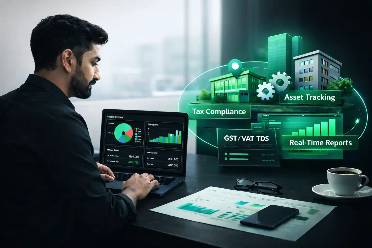 Employee using ERP accounting software to monitor financial data, generate reports, and manage business operations efficiently in a modern office setup.