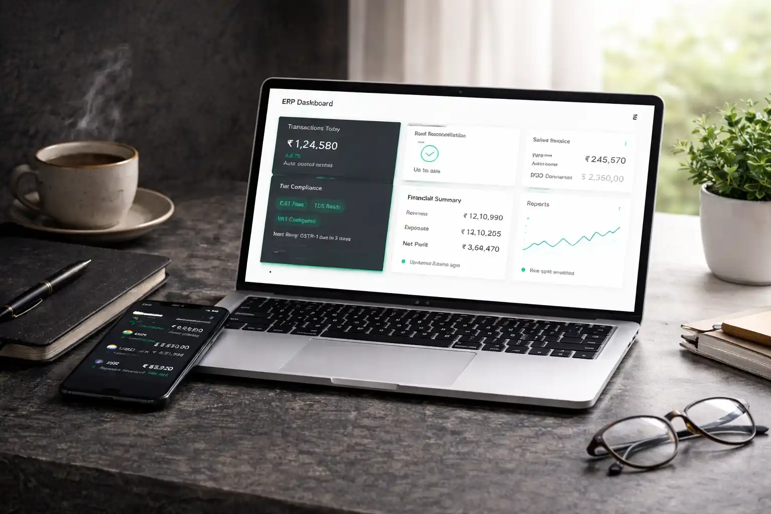 laptop displaying a multi-currency accounting software dashboard with financial charts, currency conversions, and real-time expense tracking.