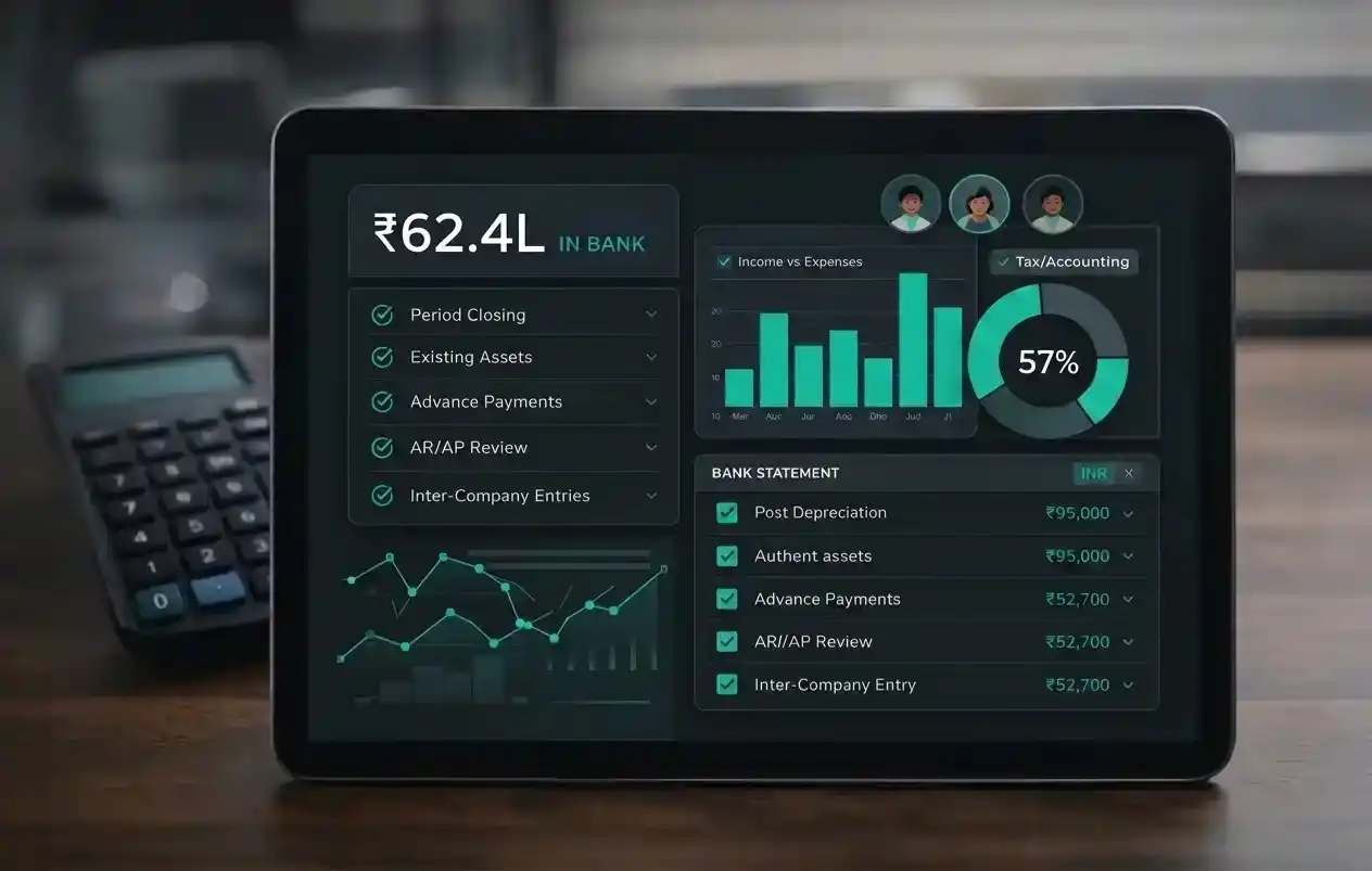 Digital tablet showing a real-time accounting ERP interface with Indian Rupee totals, interactive data visualizations, and business analytics modules.