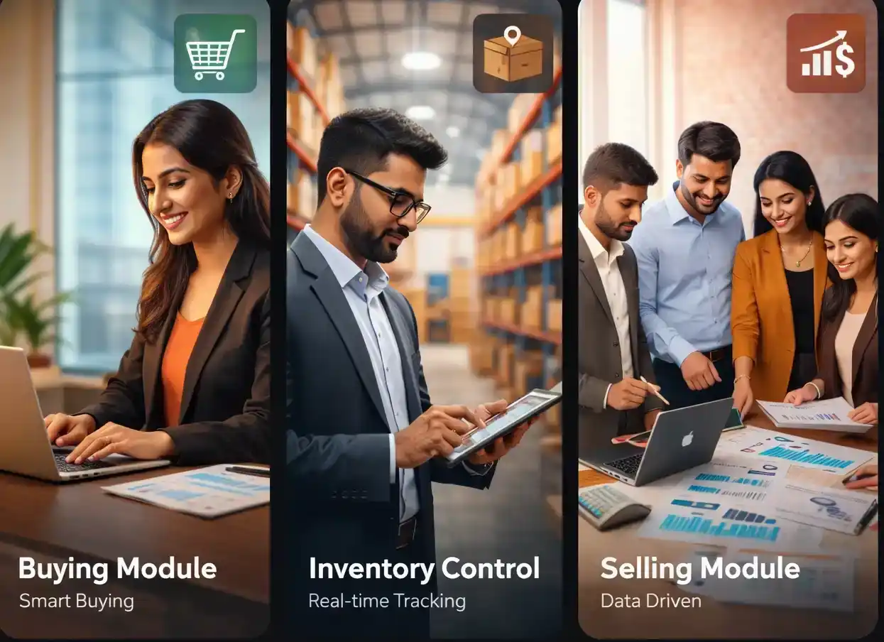 Business professionals using a Buying and Selling ERP system to manage procurement, inventory, and sales processes efficiently in a modern workspace.