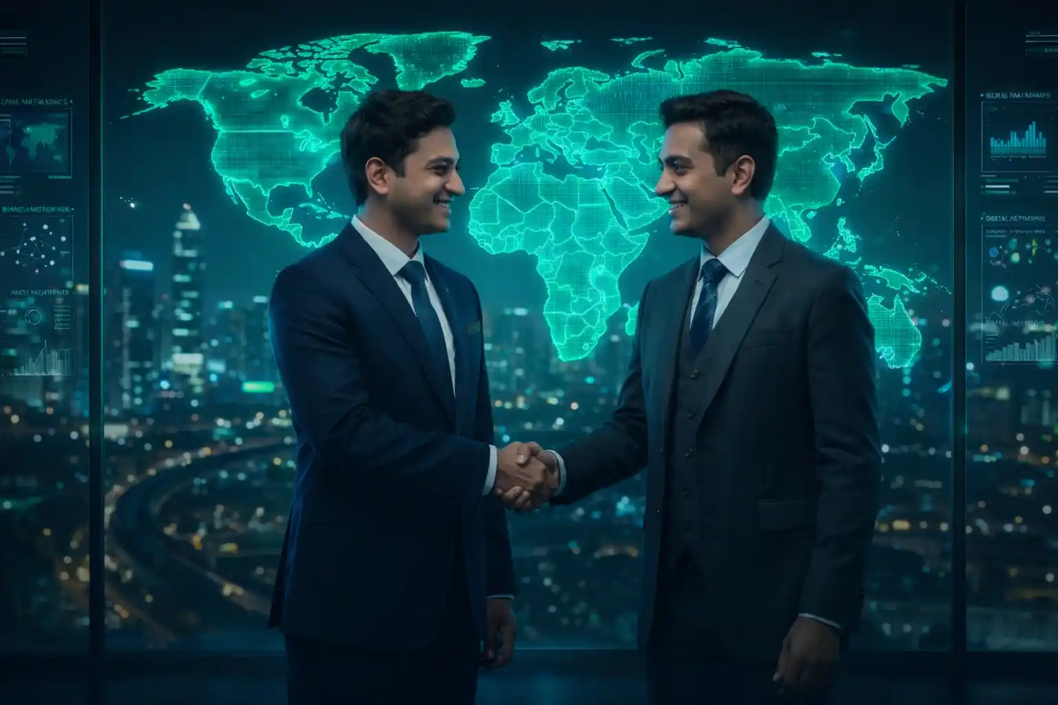 Contact us to discuss ERP solutions as two business professionals shake hands in front of a global digital business technology background.