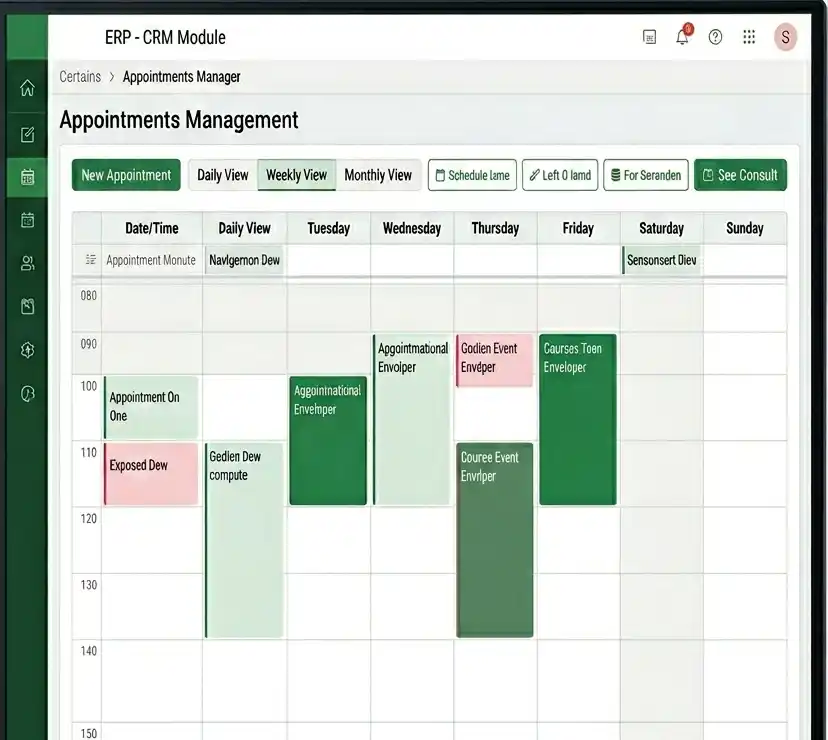 A clean digital calendar interface for appointment-management, featuring color-coded scheduling blocks for efficient team coordination.