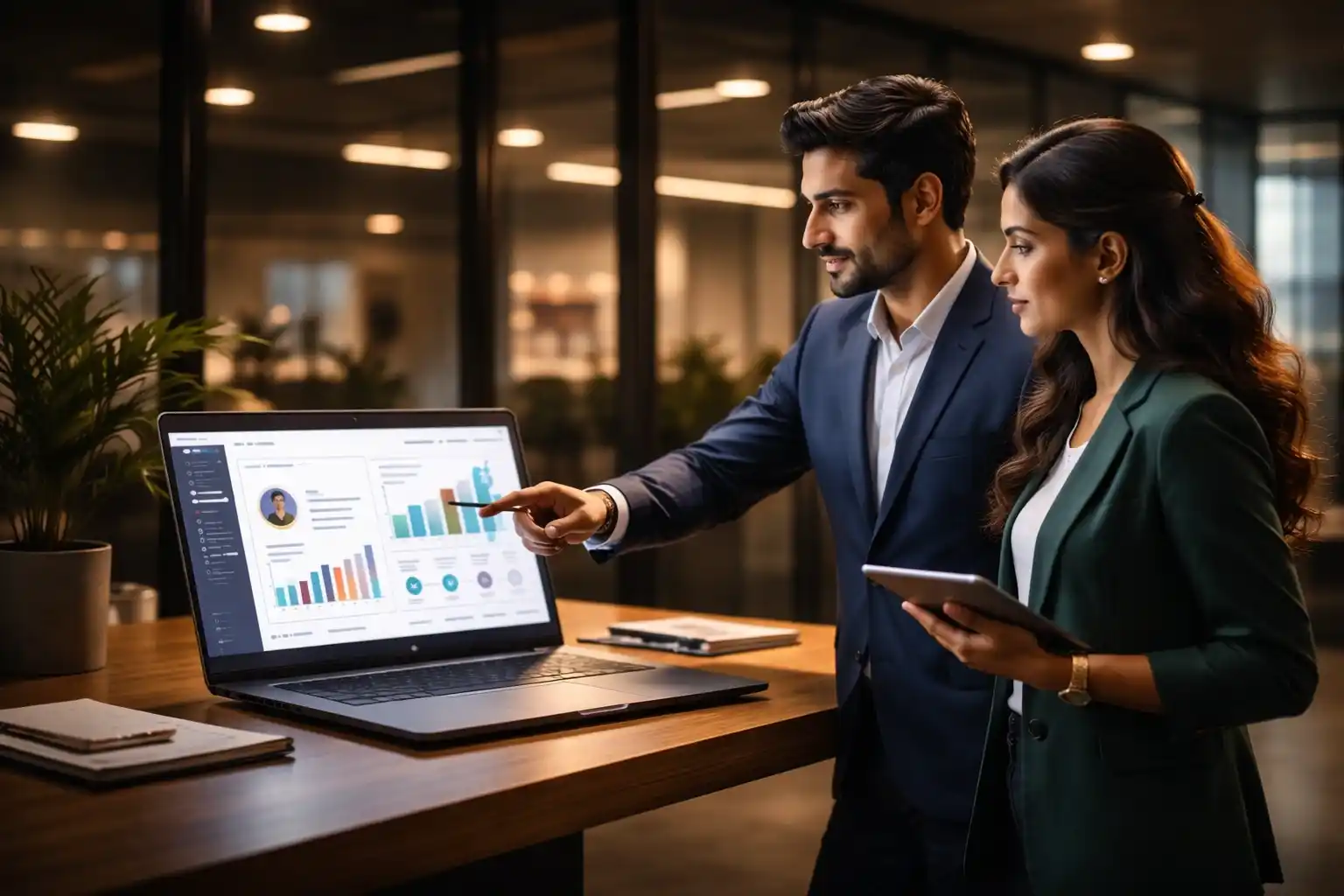 Professionals analyzing business data on a laptop using a CRM system in a modern office environment.