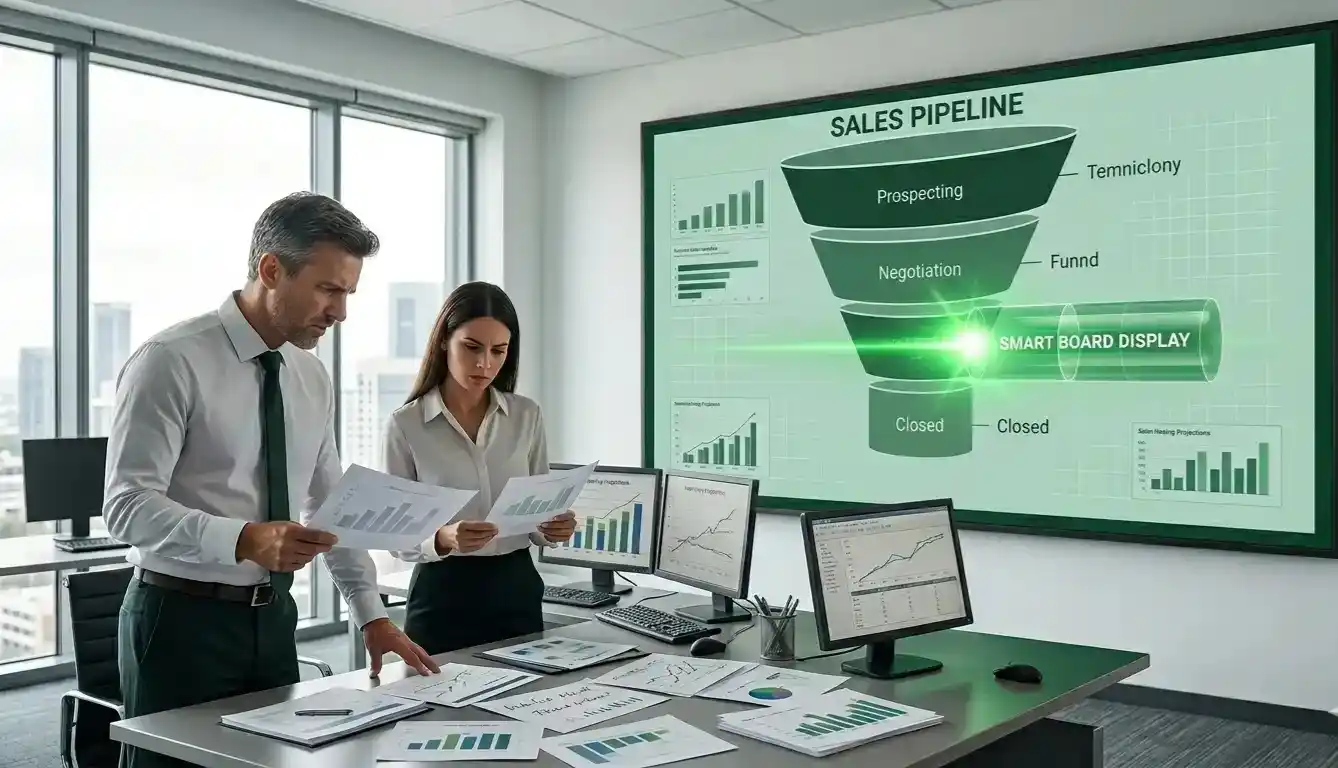 Team of professionals in an office environment analyzing a pipeline-crm dashboard on a large screen to optimize sales workflows.