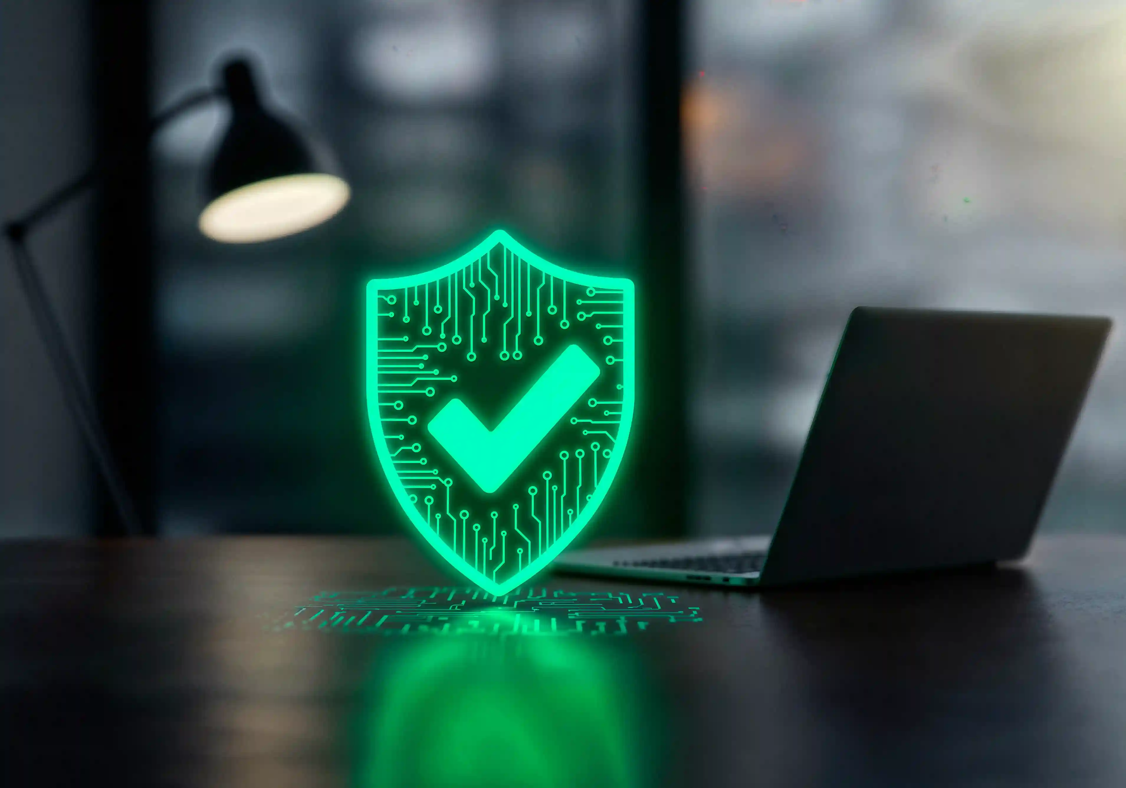A glowing green shield on a dark desk representing privacy-data-sovereignty-crm and the importance of self-hosted data ownership.
