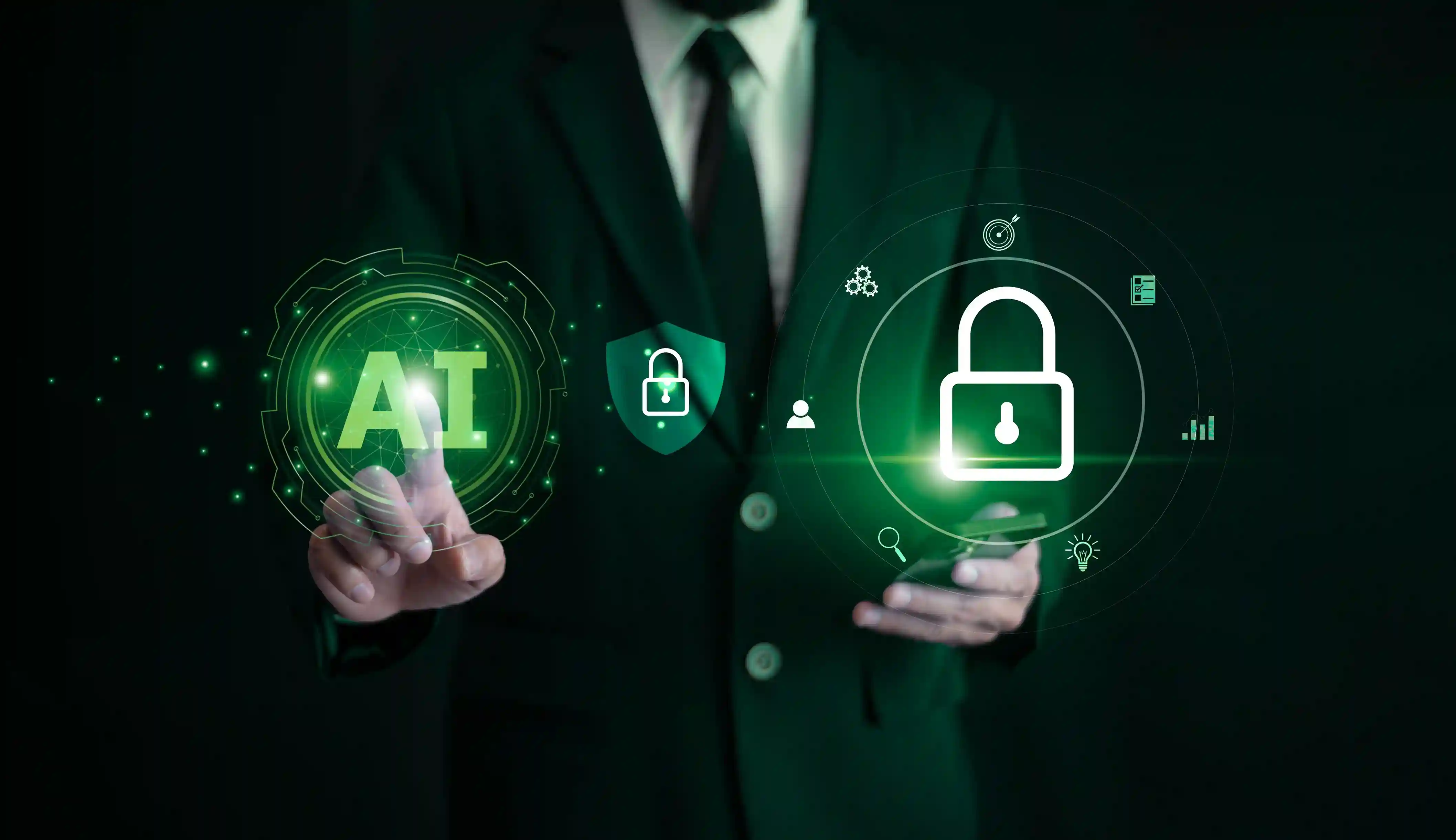 professional in a suit demonstrating privacy-first-ai with holographic icons of artificial intelligence and secure data protection locks.