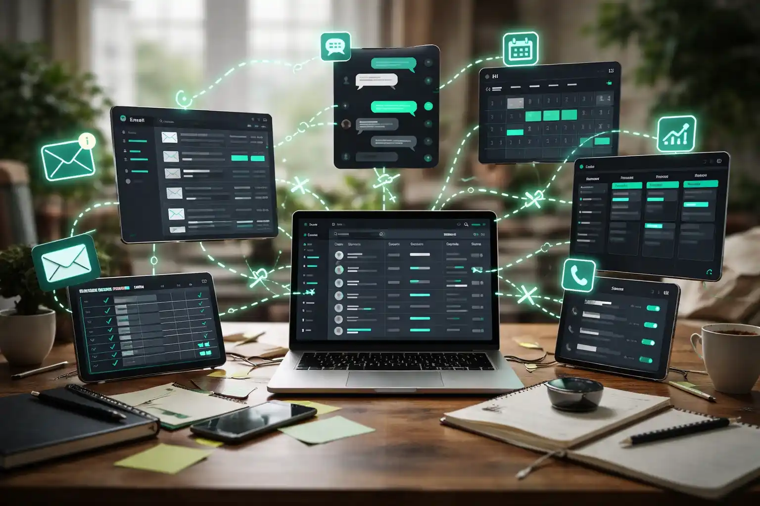 laptop and multiple tablets displaying various sales-processes, from lead tracking to fulfillment, in a professional workspace.