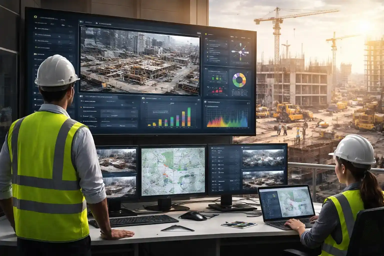 Engineers in a control room using construct-safe-erp software to monitor live site feeds, crane safety, and worker positioning on-site.