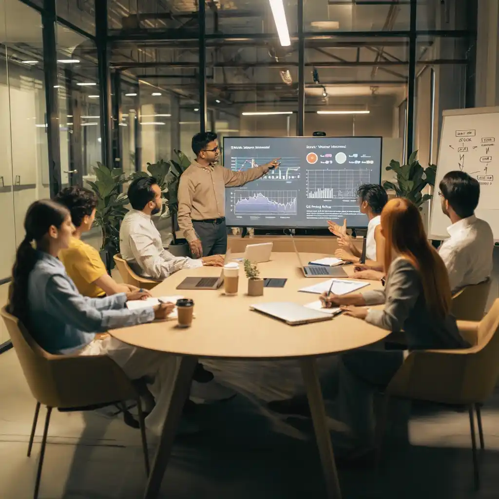 A collaborative meeting where stock-management-software is used to visualize inventory turnover and warehouse efficiency on a large office screen.