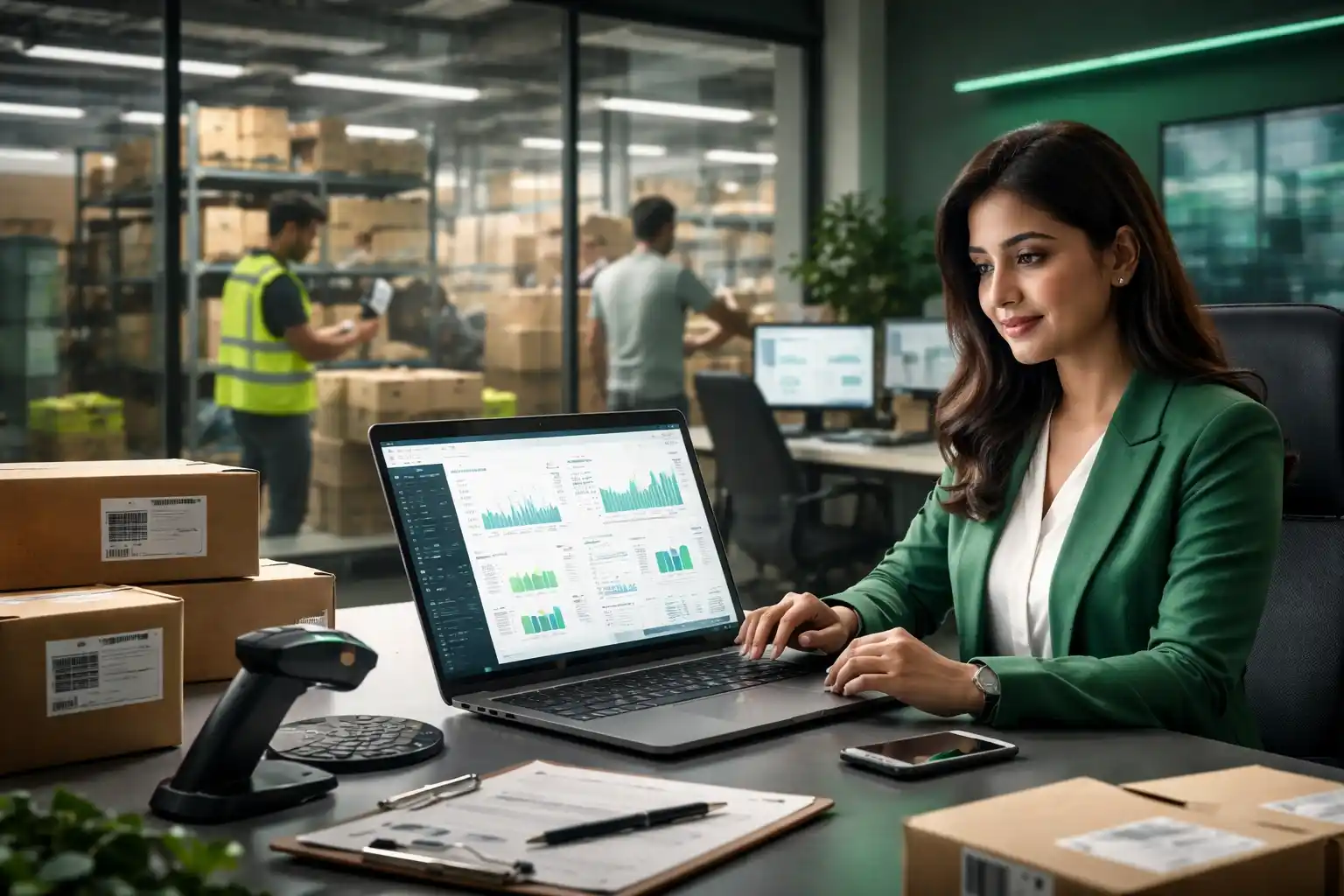 Professional managing stock operations using inventory tracking software on a laptop in a modern warehouse office environment.
