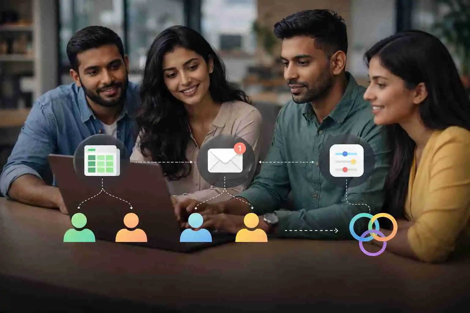 Group of colleagues collaborating around a laptop using a modern CRM tool.