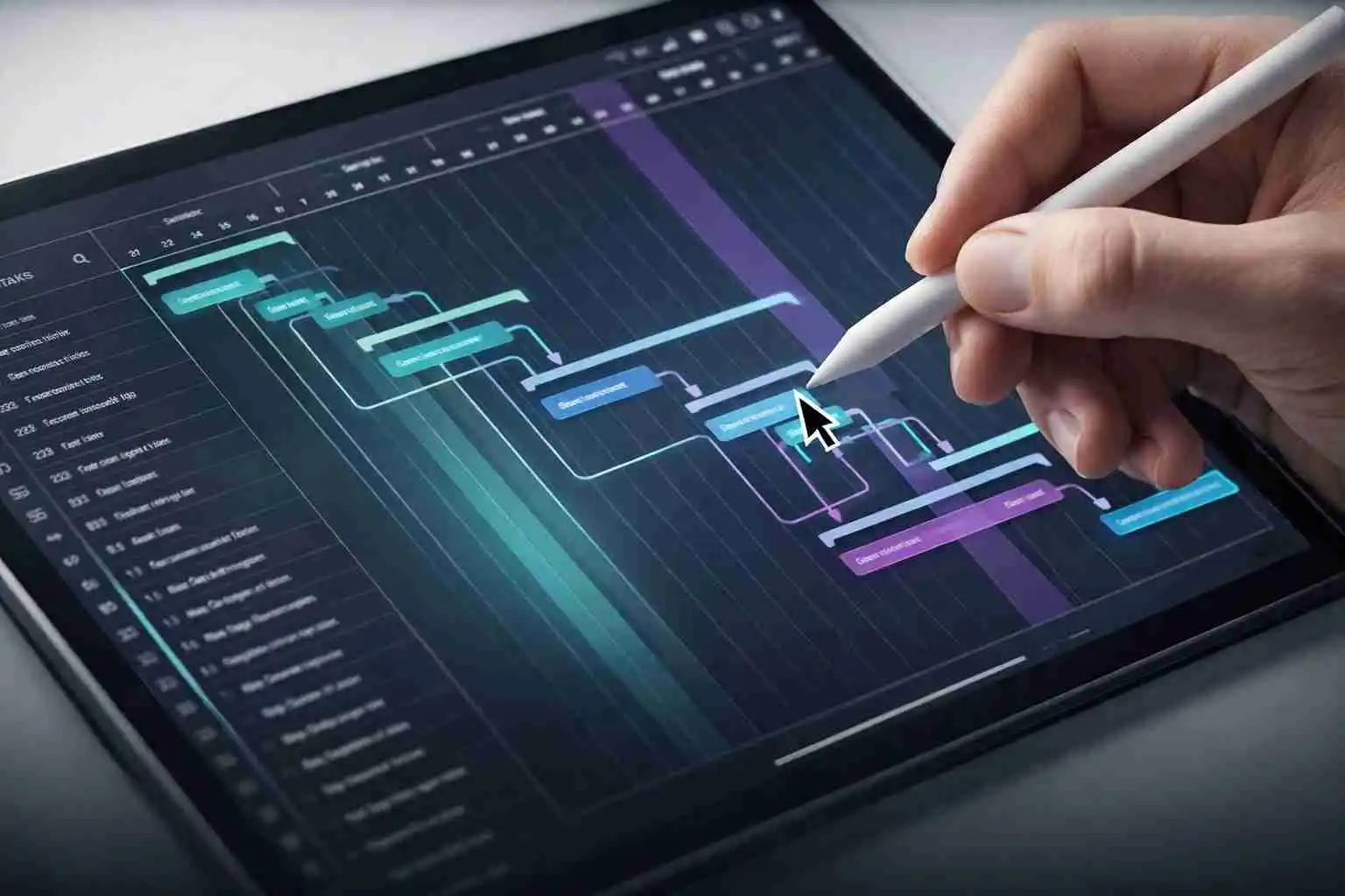 Close-up of a hand using a stylus to organize gantt chart planning on a tablet.