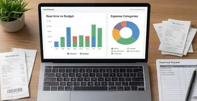 Laptop and documents showing project budget tracking software data.