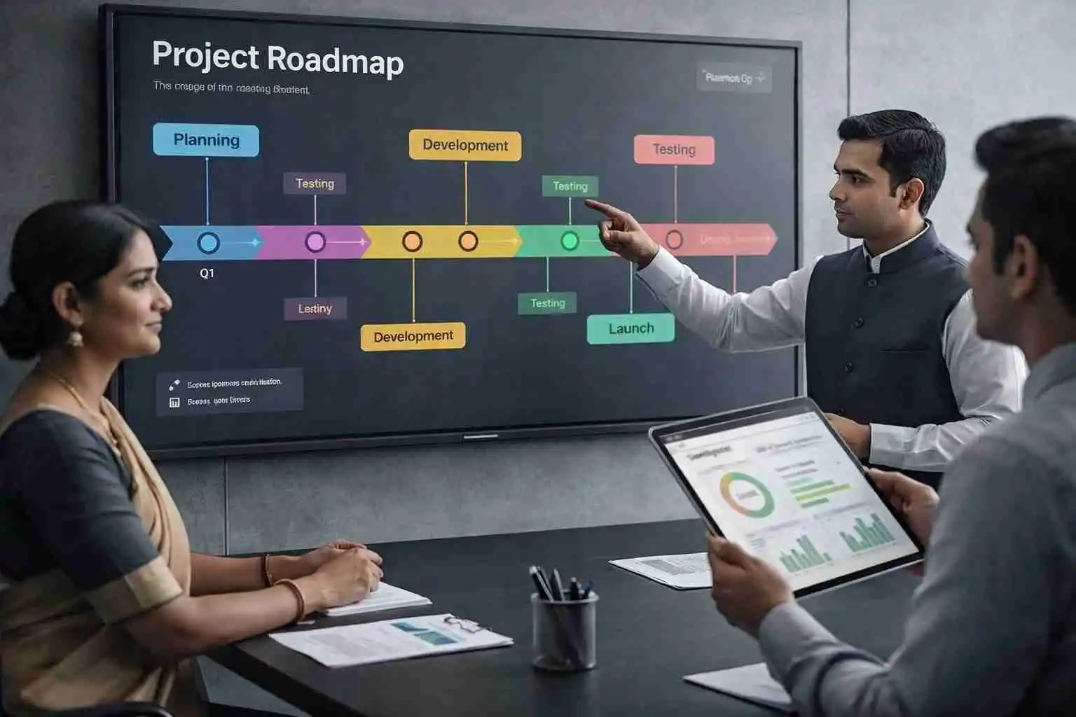 Group of people analyzing project ERP data on a large touchscreen monitor.