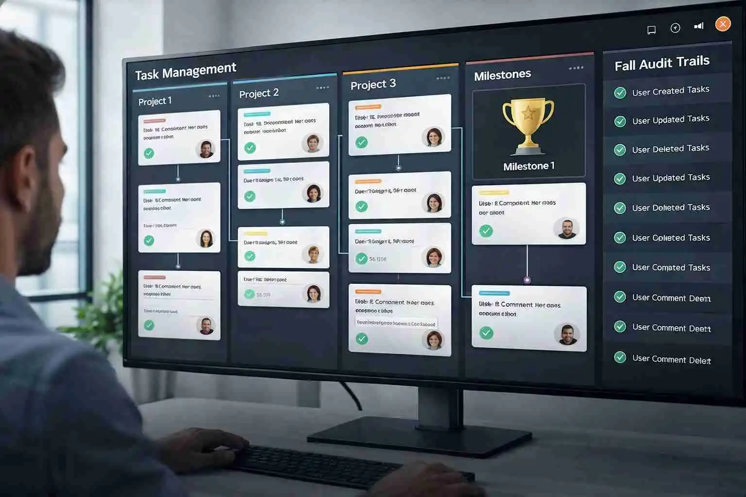 Multi-monitor setup showing a comprehensive task tracking software board.